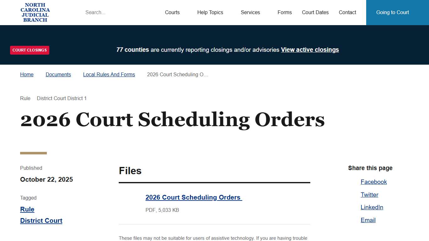 2026 Court Scheduling Orders North Carolina Judicial Branch